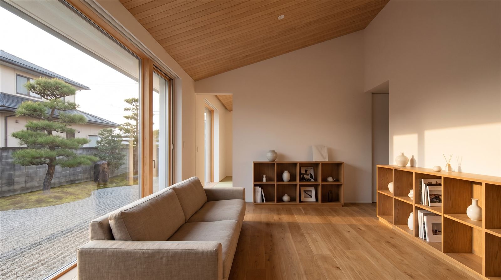 LDKのCGパース: 片流れ天井と大開口