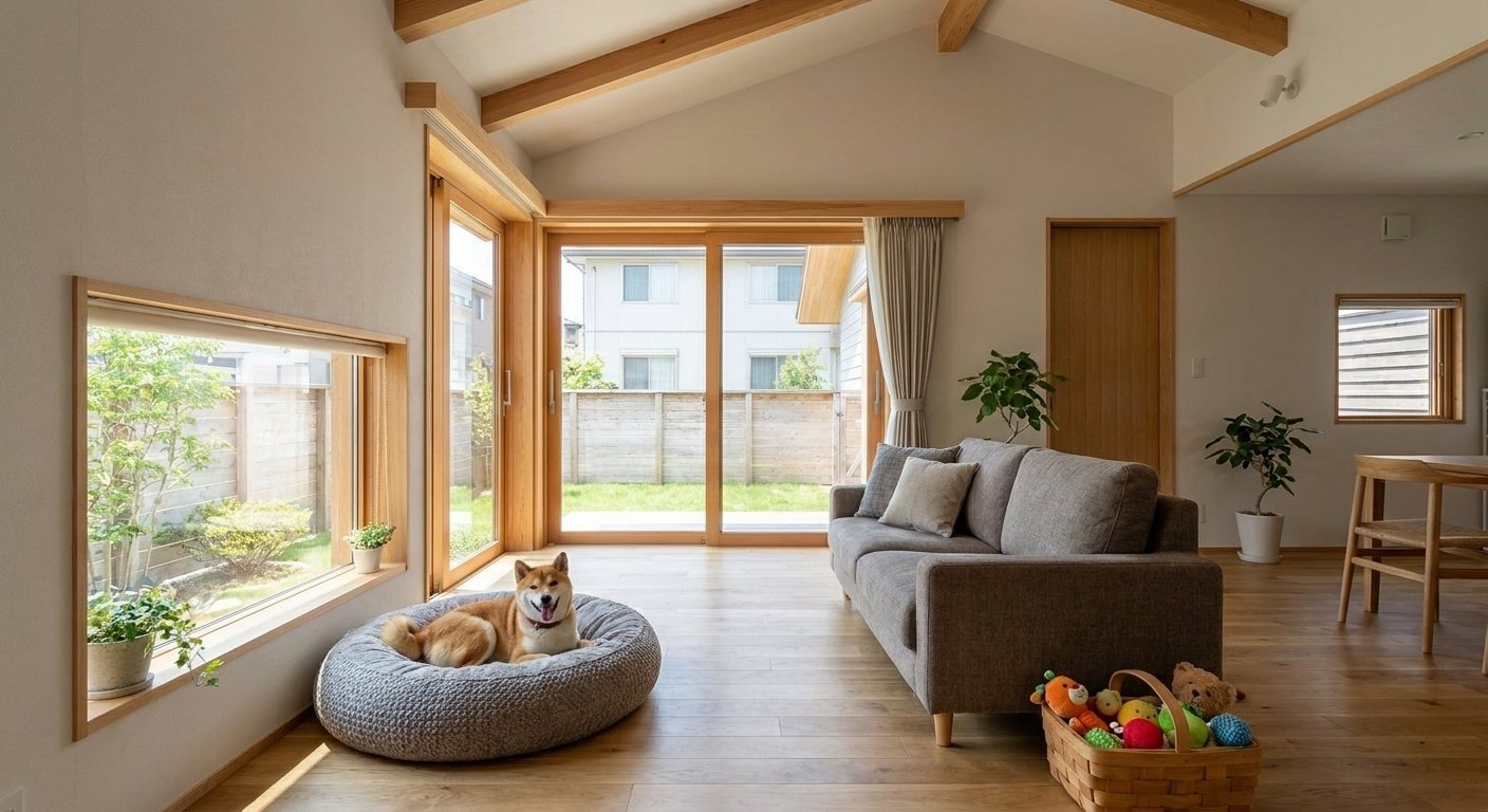 LDKのCGパース: 犬と過ごす18帖のリビング