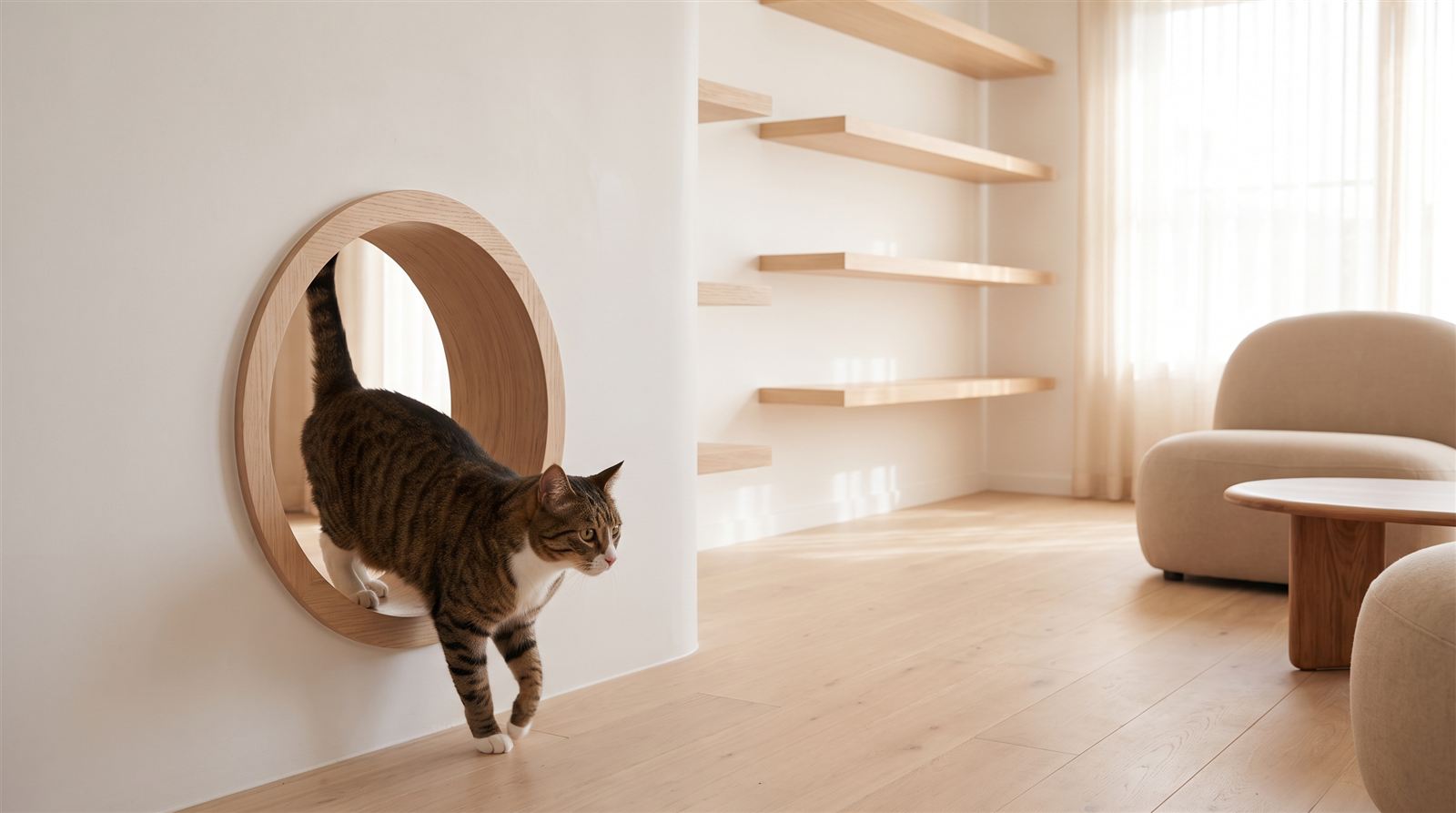 丸窓のCGパース: 猫がくぐる壁のアール開口