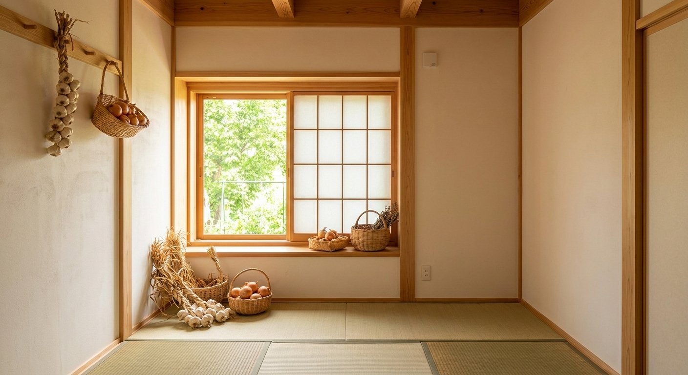 和室のCGパース: 収穫物の一時置きにもなる6帖