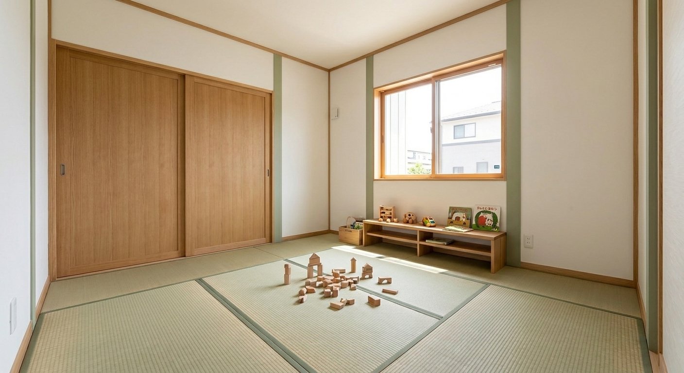 和室のCGパース: 遊び場にも客間にもなる8帖