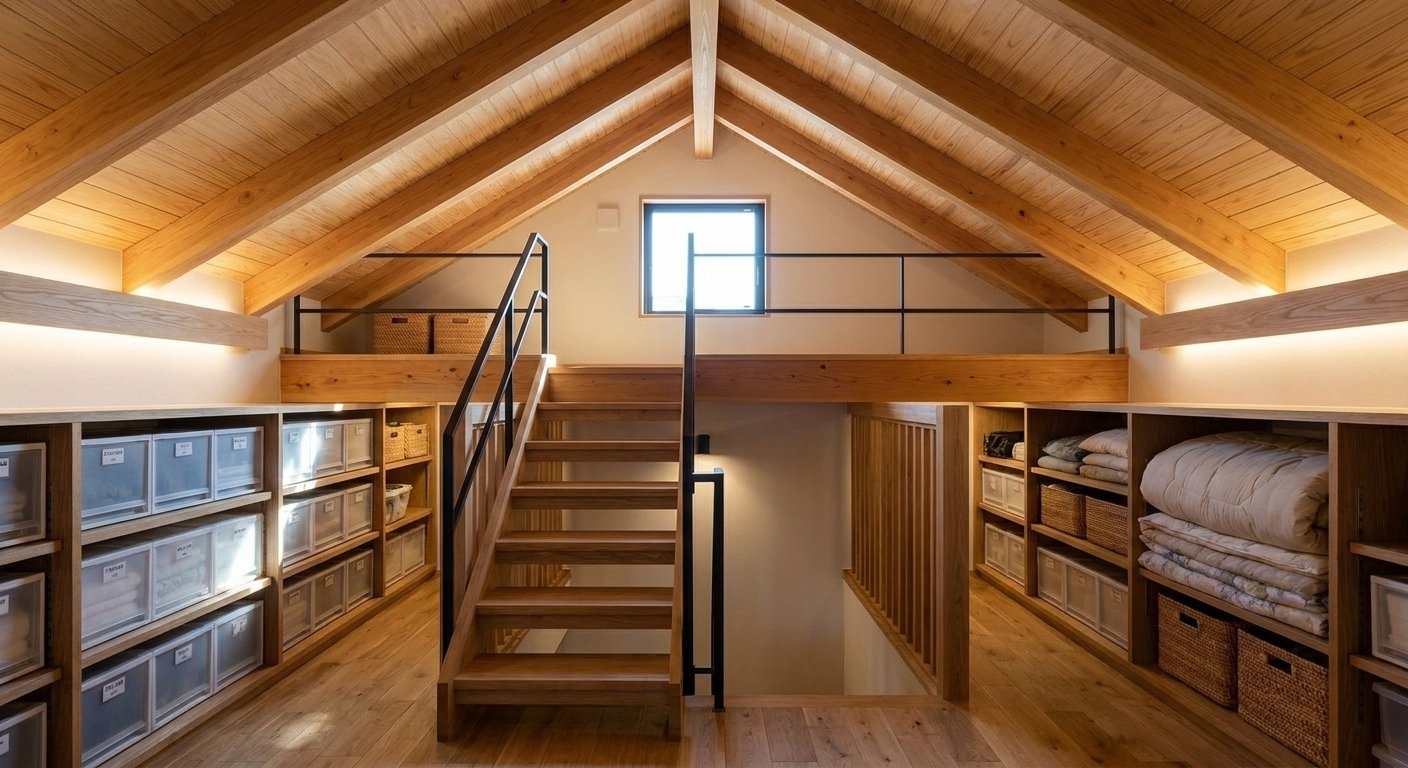 小屋裏収納のCGパース: 固定階段で上がる10帖