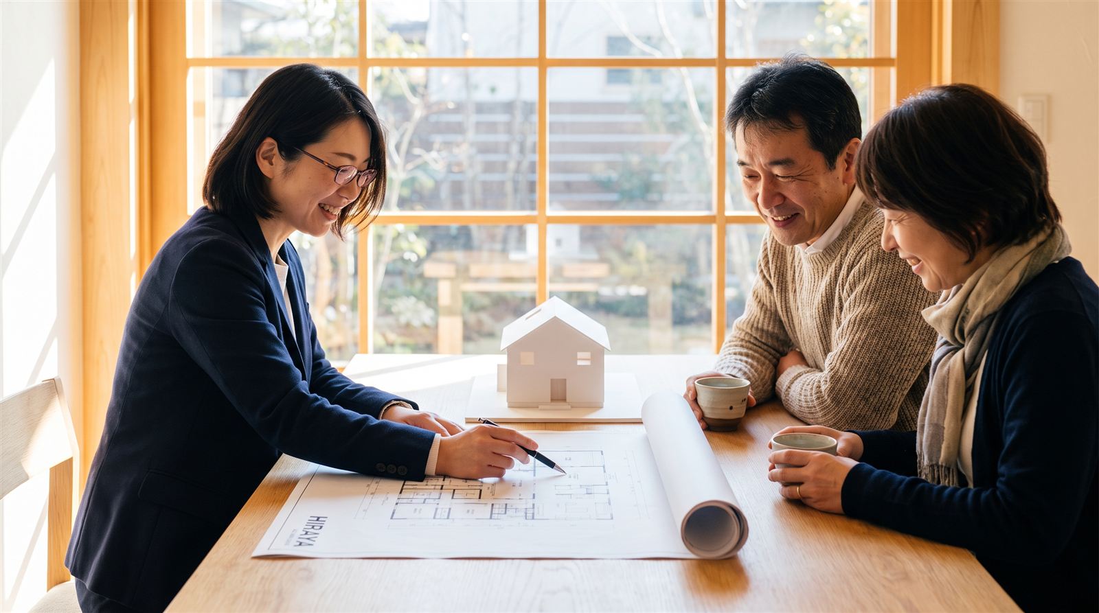 平屋の図面と模型を挟んで施主夫婦と打合せをする設計士