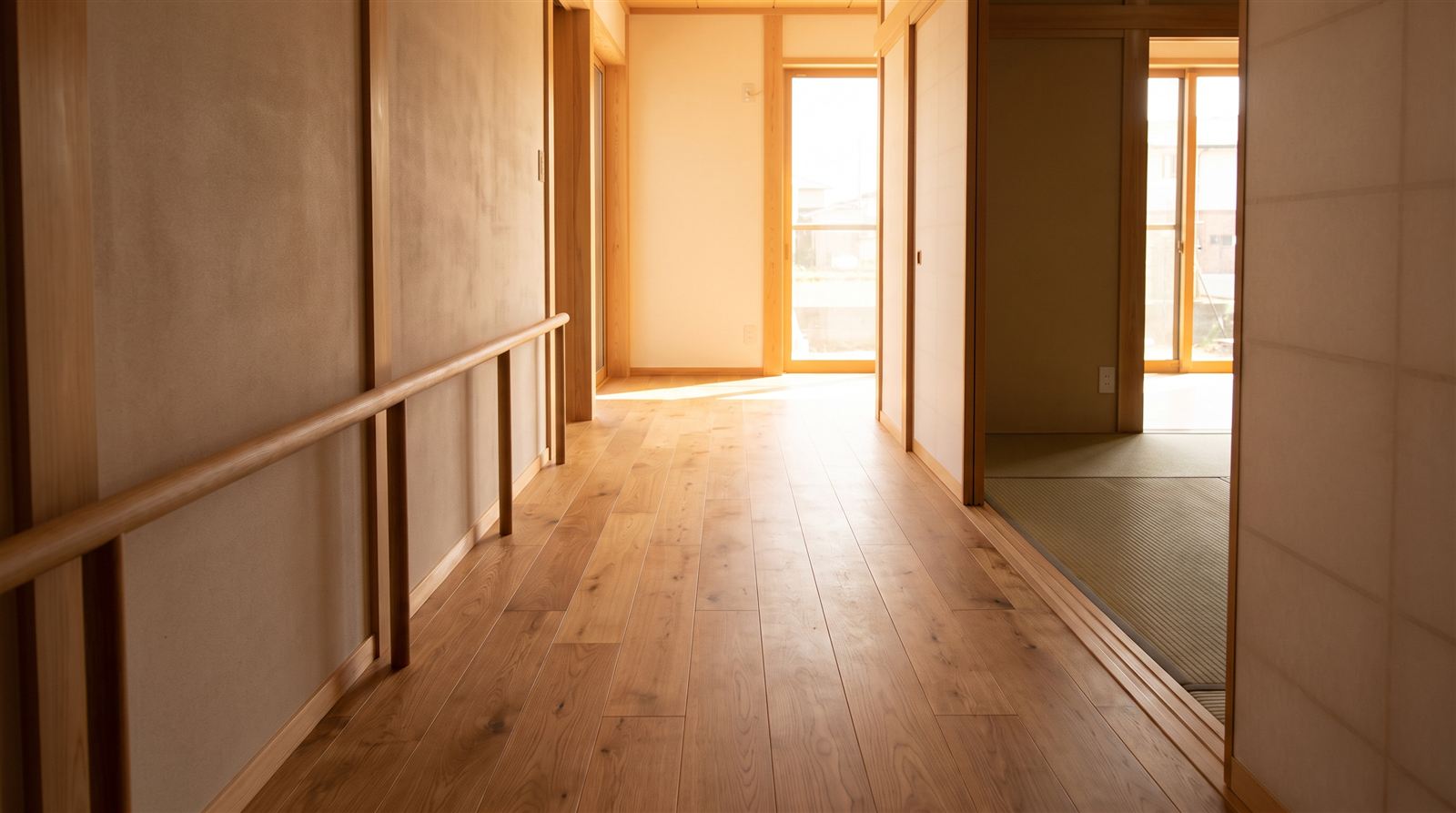 段差のないフラットな床と手すり・引き戸のある平屋の廊下