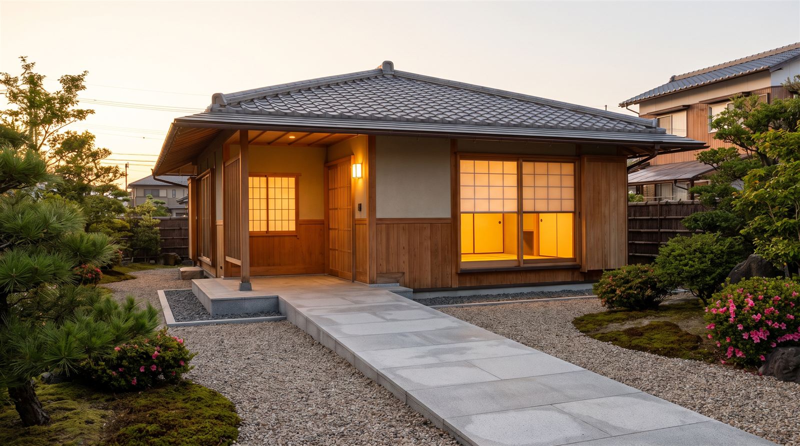 手入れのしやすい庭とフラットなアプローチのコンパクトな平屋