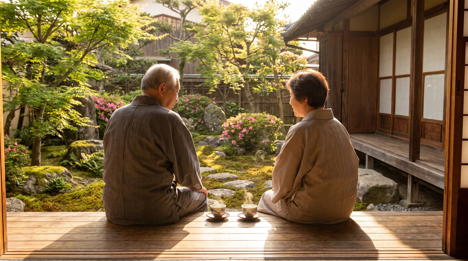 縁側でお茶を飲みながら庭を眺めるシニア夫婦